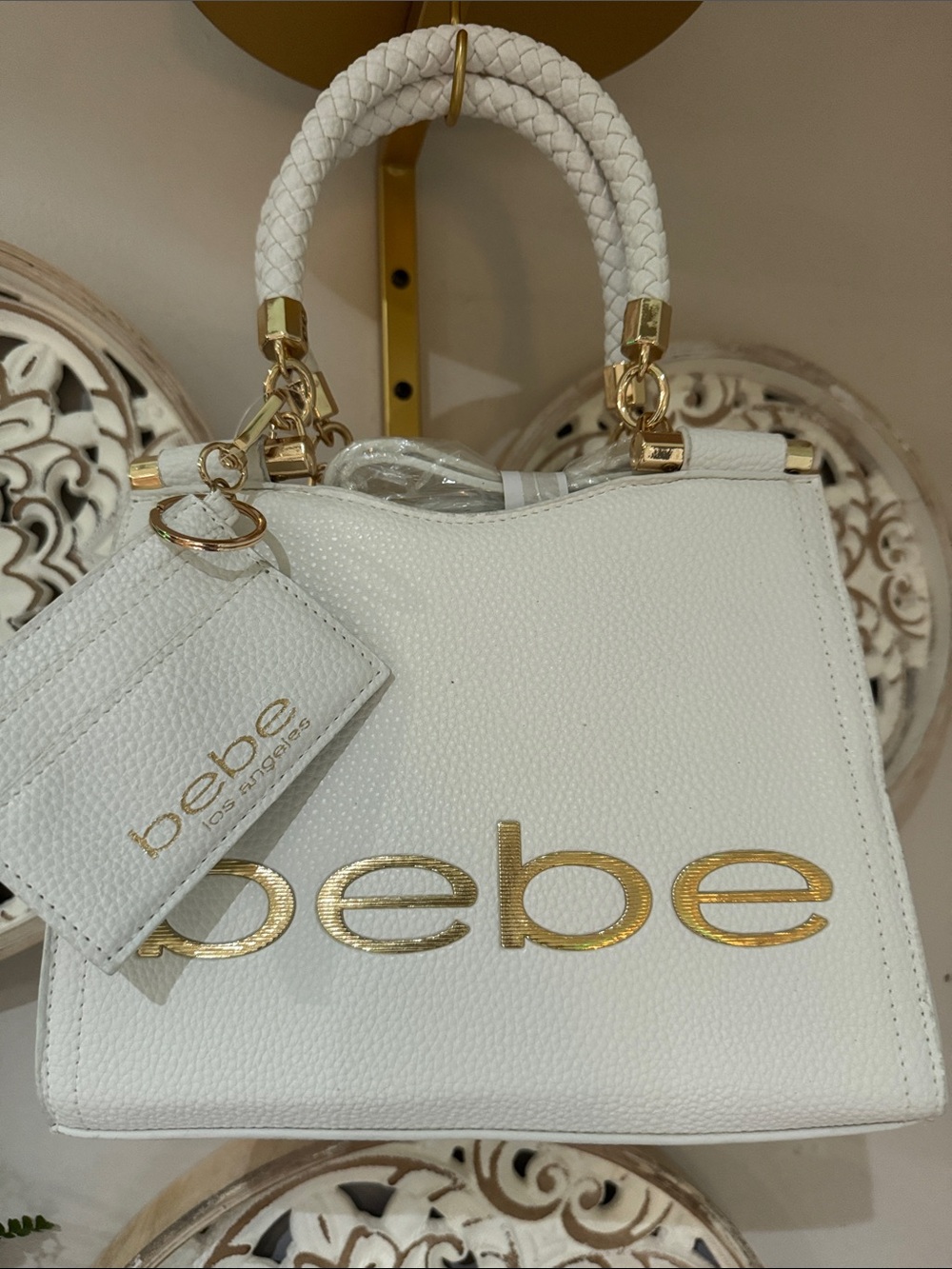 bebe White Satchel with Gold Logo & Braided Top Handle